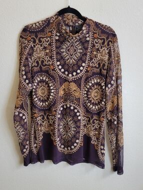Johnny Was Purple Floral Embroidered Print Long-Sleeve High Neck Top Size Large.
